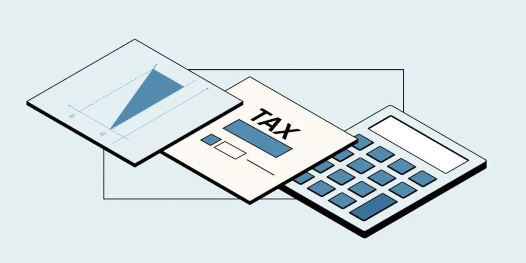 illustration of a tax paper and calculator with a light blue background