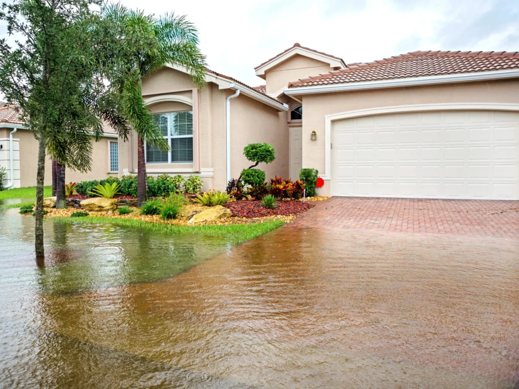 house in Florida and a flooded road from natural disaster and hurricane