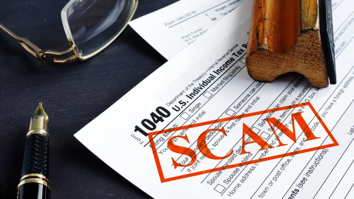 Tax scams to be aware of for high-income filers - a scam document sitting on a tax attorney's desk with glasses and a pen