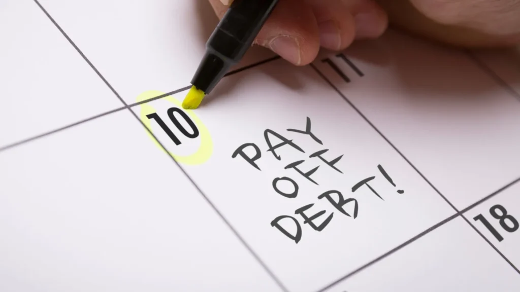 hand holding a yellow highlighter circling date on calendar that says 'pay off debt!'